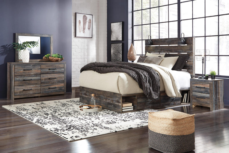 Cama King con 4 cajones de almacenamiento, tocador con espejo, cómoda y mesita de noche Drystan
