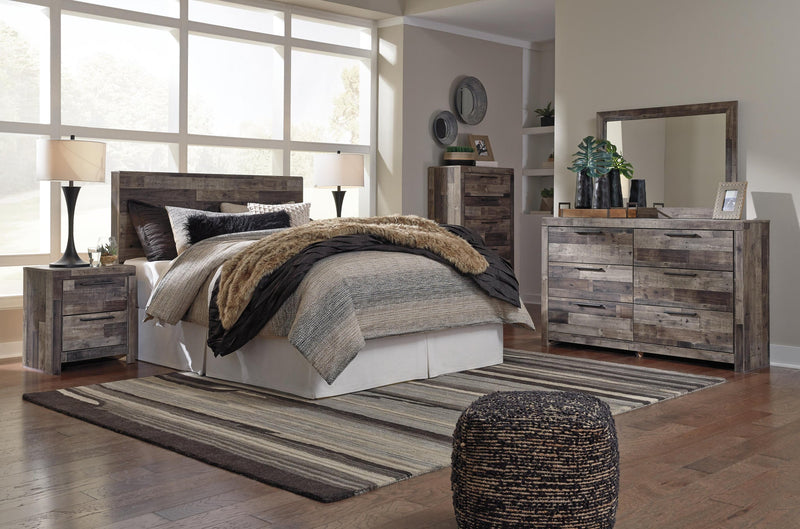Cabecero de cama tamaño queen o completo Derekson con tocador con espejo, cómoda y mesita de noche