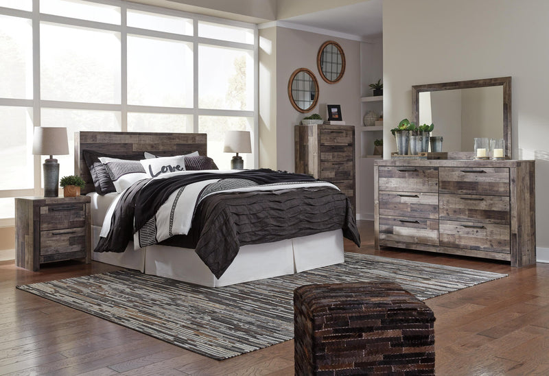 Cabecero de cama tamaño queen o completo Derekson con tocador con espejo, cómoda y mesita de noche