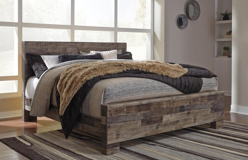 Cama King con paneles Derekson, tocador con espejo, cómoda y mesita de noche
