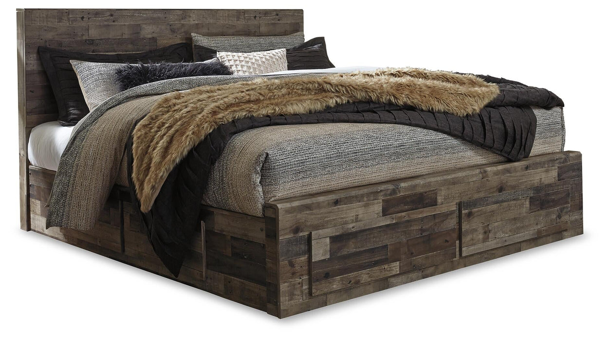 Cama King con 6 cajones de almacenamiento, tocador con espejo, cómoda y mesita de noche Derekson