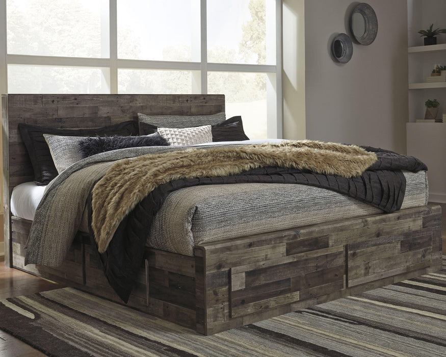 Cama King con 6 cajones de almacenamiento, tocador con espejo, cómoda y mesita de noche Derekson