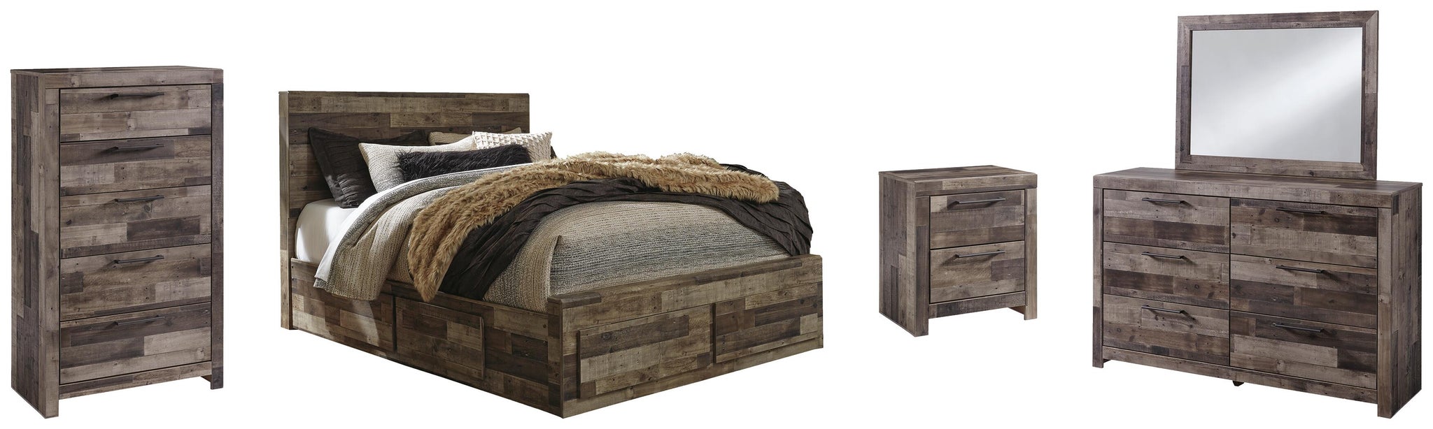 Cama Queen con paneles Derekson con 4 cajones de almacenamiento, tocador con espejo, cómoda y mesita de noche
