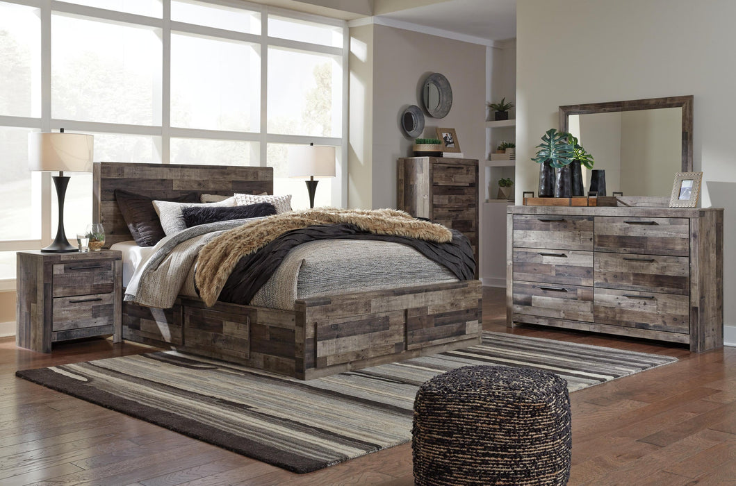 Cama Queen con paneles Derekson con 4 cajones de almacenamiento, tocador con espejo, cómoda y mesita de noche