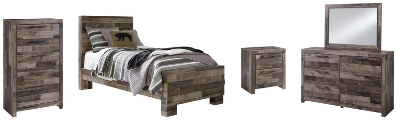 Cama doble con paneles Derekson, tocador con espejo, cómoda y mesita de noche