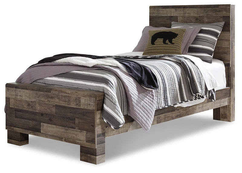 Cama doble con paneles Derekson, tocador con espejo, cómoda y mesita de noche