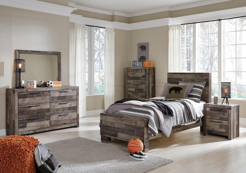 Cama doble con paneles Derekson, tocador con espejo, cómoda y mesita de noche