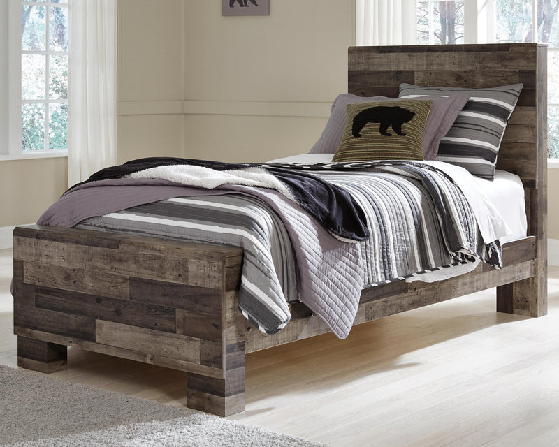 Cama doble con paneles Derekson, tocador con espejo, cómoda y mesita de noche