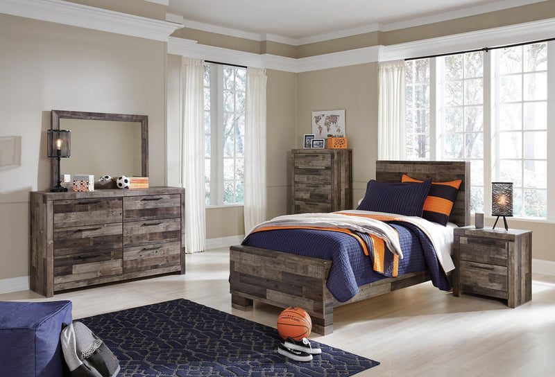 Cama doble con paneles Derekson, tocador con espejo, cómoda y mesita de noche