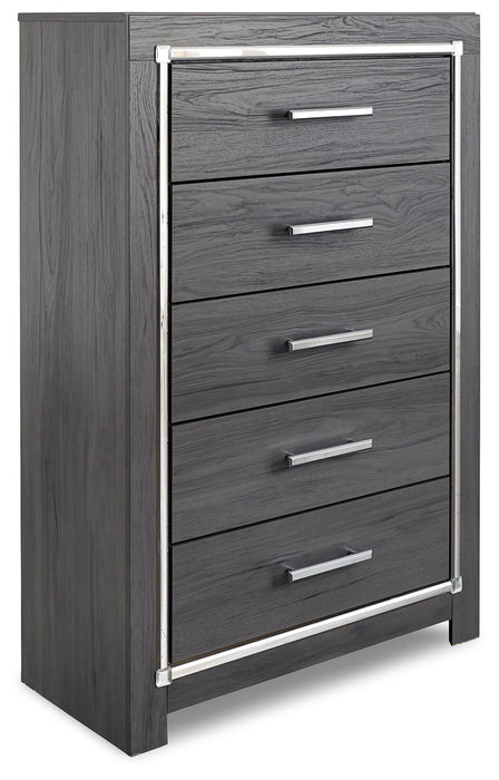 Lodanna Full Upholstered Panel Headboard Bed with Mirrored Dresser, Chest and Nightstand