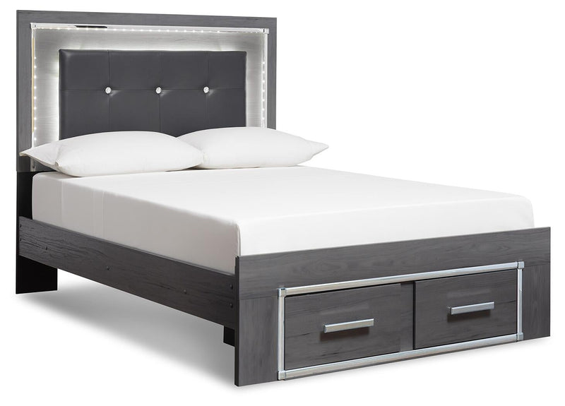Cama Queen Lodanna con 2 cajones de almacenamiento, tocador con espejo, cómoda y mesita de noche