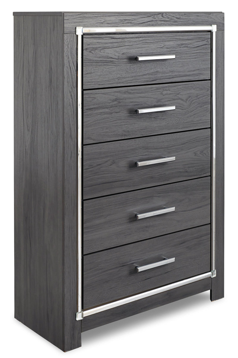 Cama Queen Lodanna con 2 cajones de almacenamiento, tocador con espejo, cómoda y mesita de noche