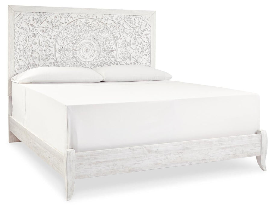 Paxberry King Panel Bed with Mirrored Dresser, Chest and Nightstand