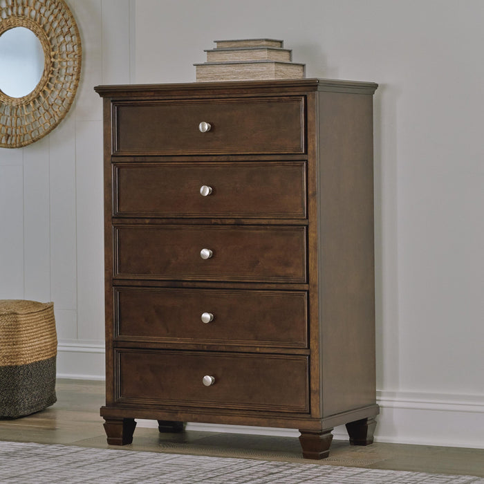 Danabrin Queen Panel Bed with Mirrored Dresser, Chest and Nightstand