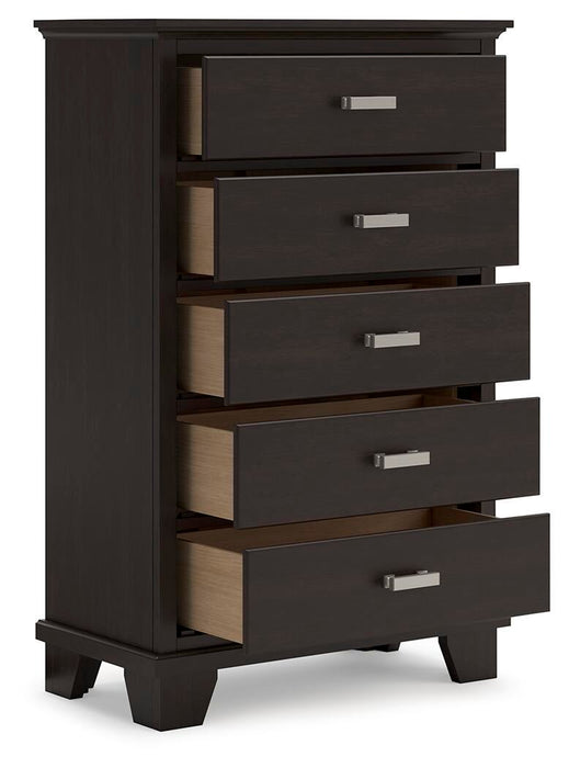 Covetown California King Panel Bed, Dresser, Mirror, Chest and Nightstand