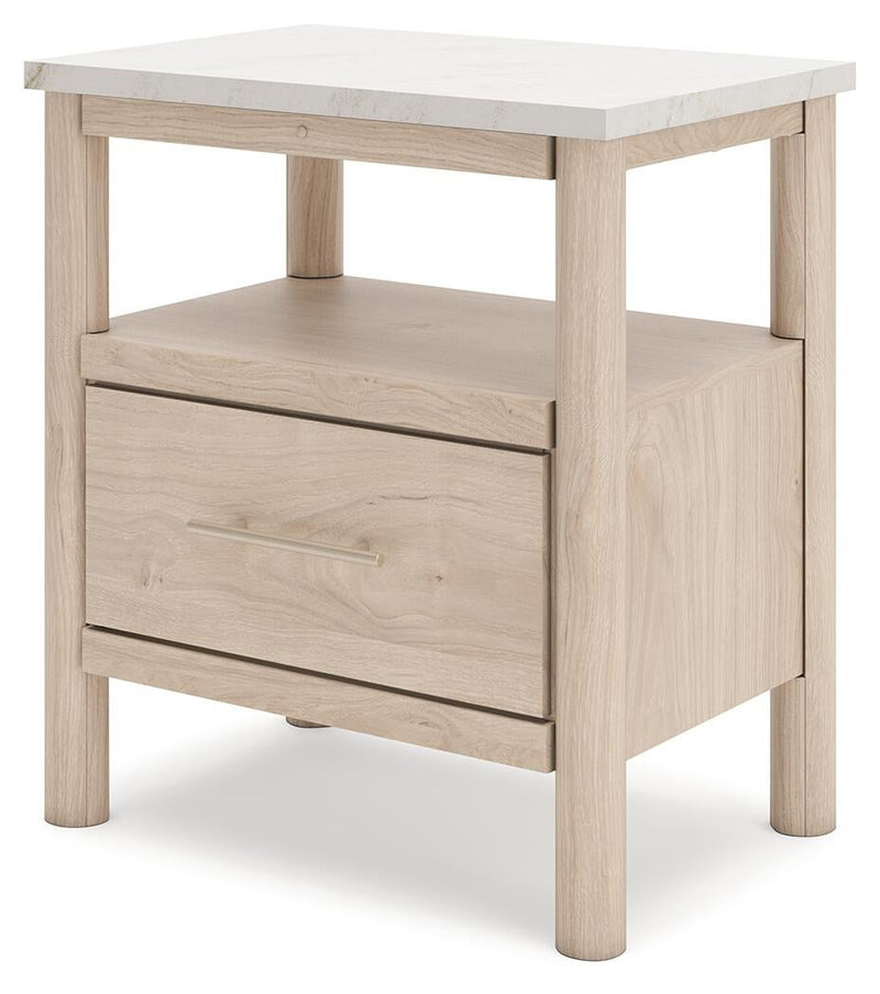 Cadmori Queen Upholstered Panel Bed with Mirrored Dresser, Chest and Nightstand