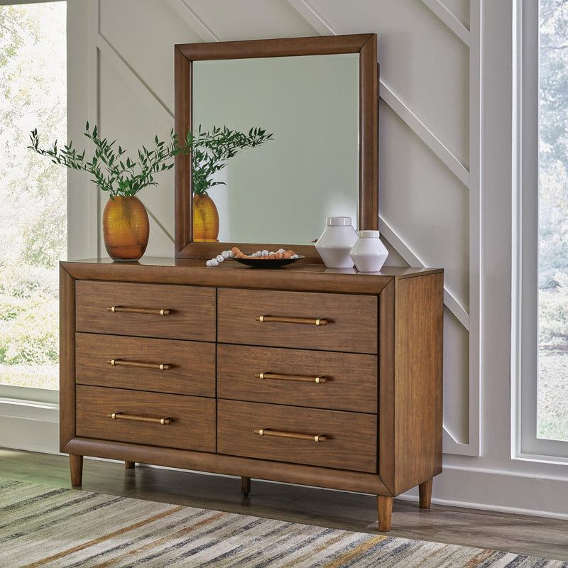 Lyncott California King Upholstered Bed with Mirrored Dresser and Nightstand