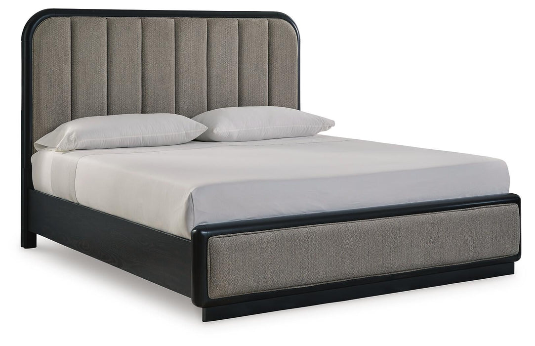 Rowanbeck California King Upholstered Panel Bed, Dresser, Mirror, Chest and Nightstand
