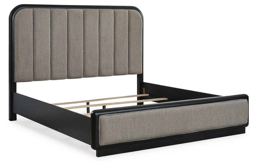 Rowanbeck California King Upholstered Panel Bed, Dresser, Mirror, Chest and Nightstand
