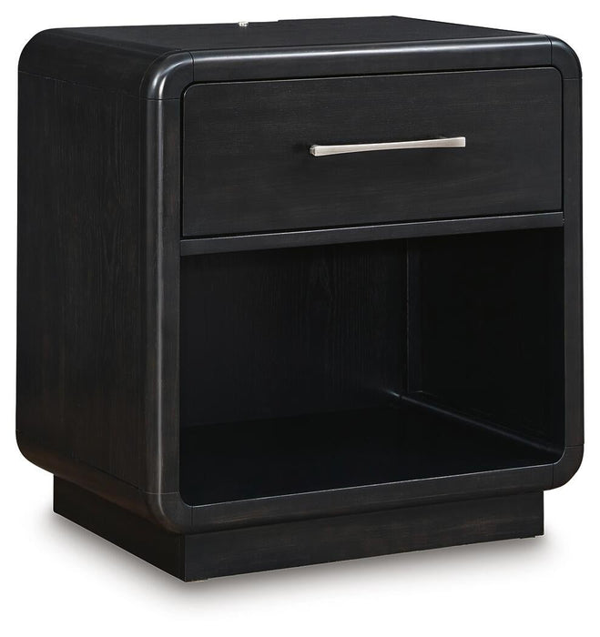 Rowanbeck California King Upholstered Panel Bed, Dresser, Mirror, Chest and Nightstand