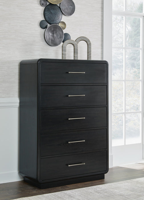 Rowanbeck California King Upholstered Panel Bed, Dresser, Mirror, Chest and Nightstand