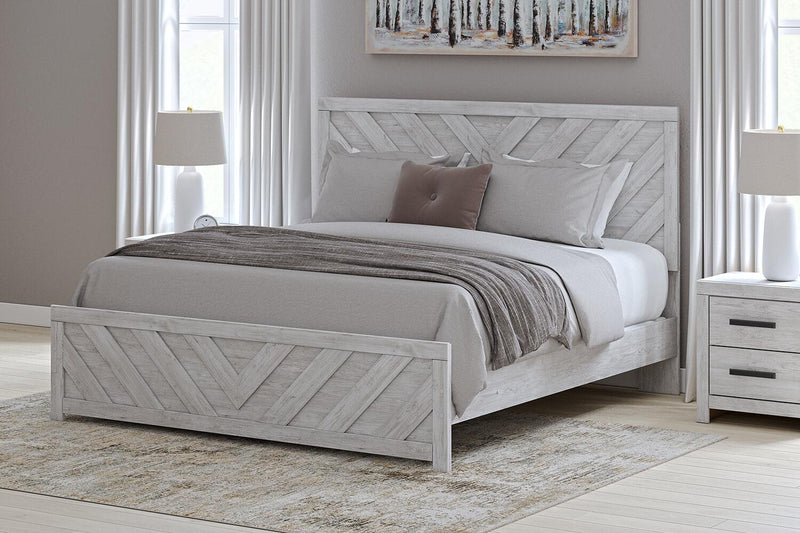 Cayboni King Panel Bed with Mirrored Dresser and Nightstand