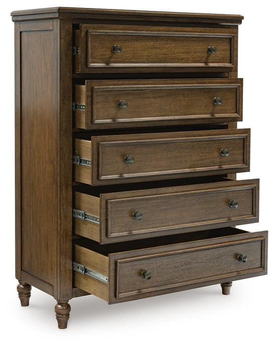 Sturlayne California King Upholstered Panel Bed, Dresser, Mirror, Chest and Nightstand