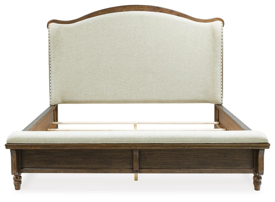 Sturlayne King Upholstered Panel Bed, Dresser, Mirror and Nightstand