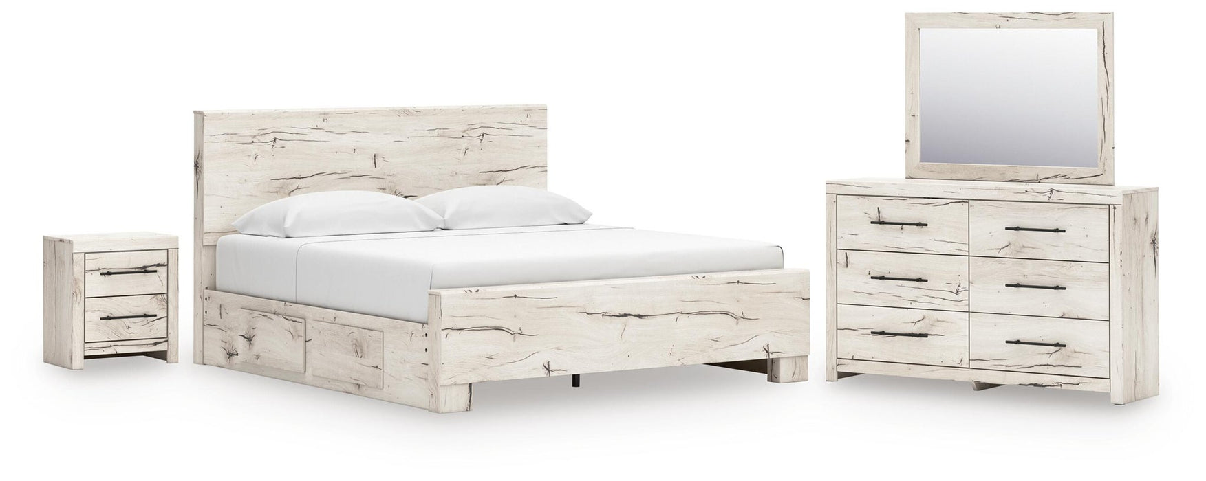 Lawroy King Panel Bed with Storage, Dresser, Mirror and Nightstand