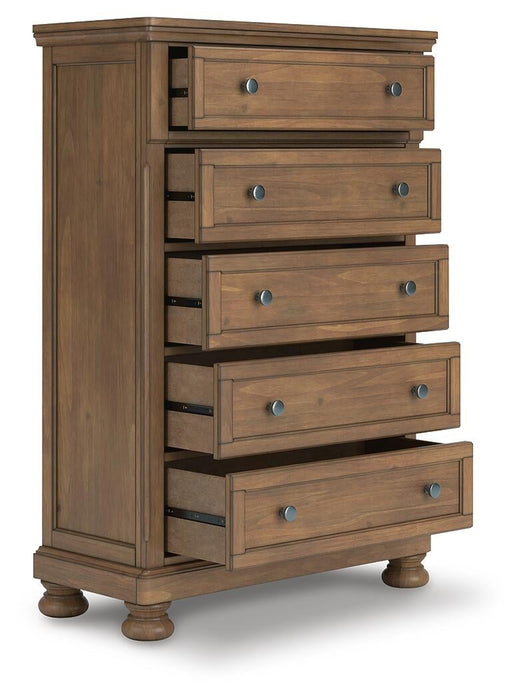 Feddinger California King Storage Sleigh Bed with Mirrored Dresser, Chest and Nightstand