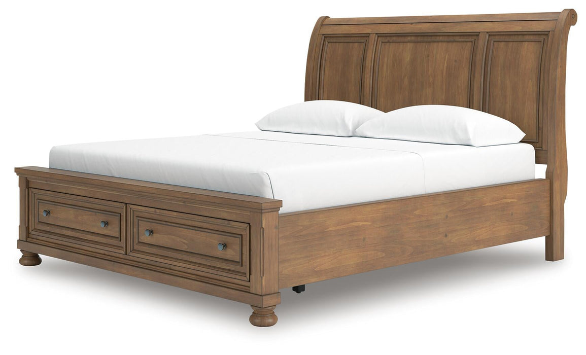 Feddinger California King Storage Sleigh Bed with Mirrored Dresser, Chest and Nightstand