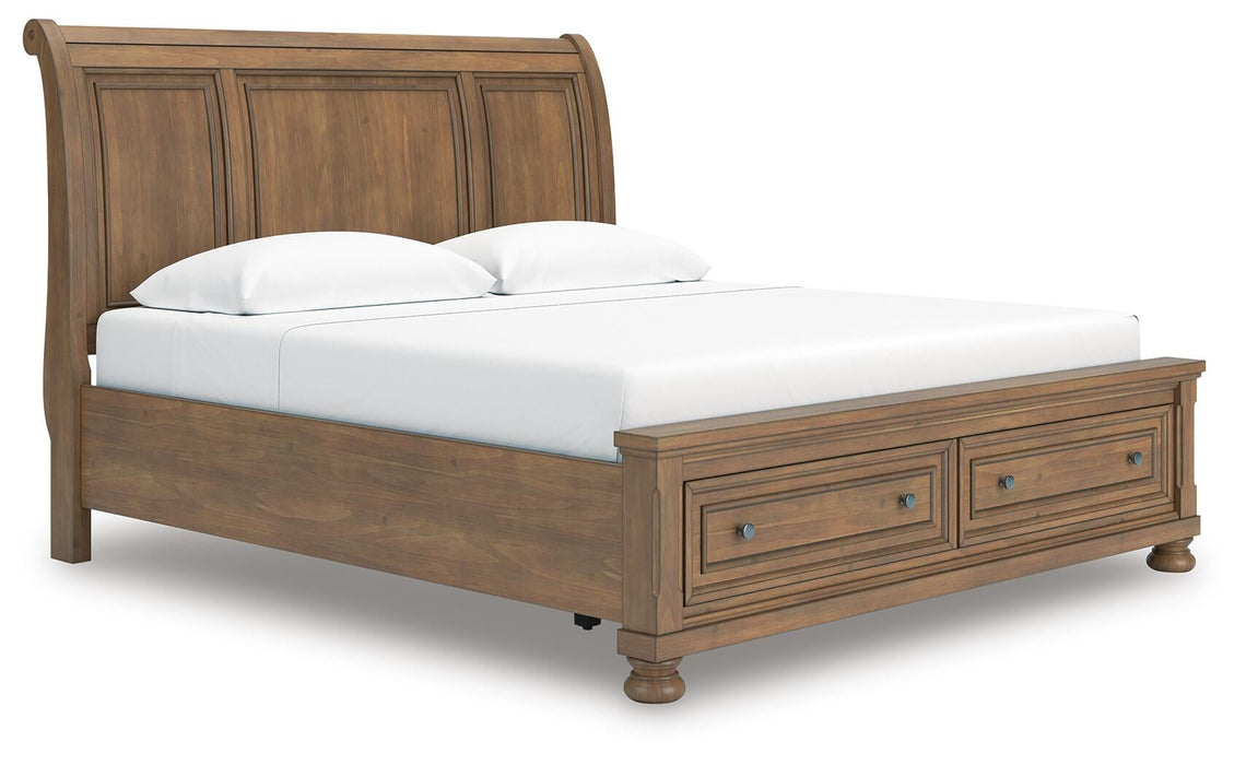 Feddinger King Storage Sleigh Bed with Mirrored Dresser, Chest and Nightstand