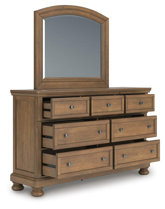 Feddinger California King Storage Sleigh Bed with Mirrored Dresser