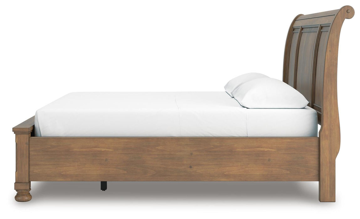 Feddinger California King Storage Sleigh Bed with Mirrored Dresser