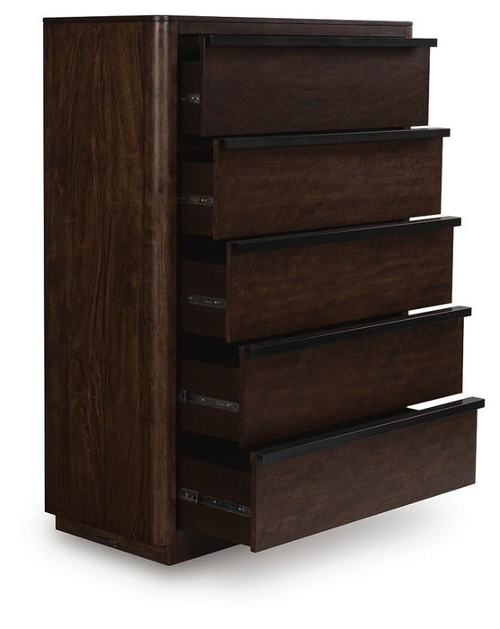 Dilenno King Canopy Bed with Mirrored Dresser, Chest and Nightstand