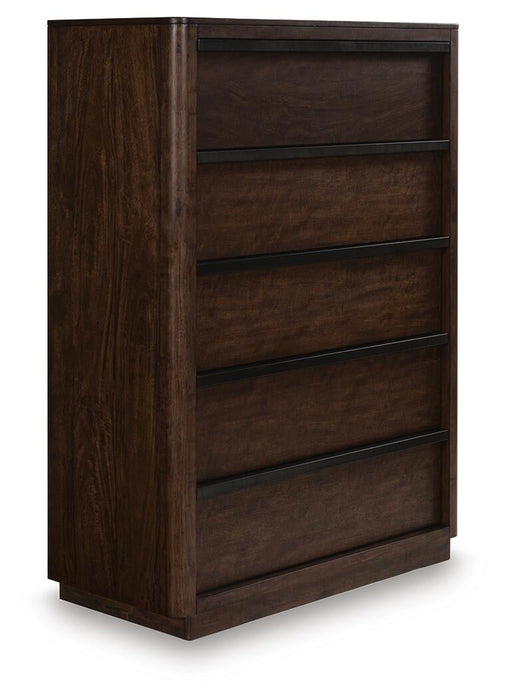 Dilenno King Canopy Bed with Mirrored Dresser, Chest and Nightstand