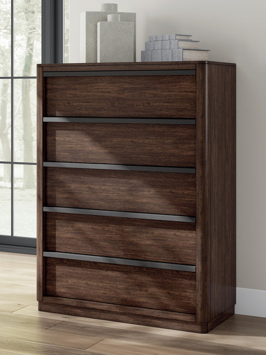 Dilenno King Canopy Bed with Mirrored Dresser, Chest and Nightstand
