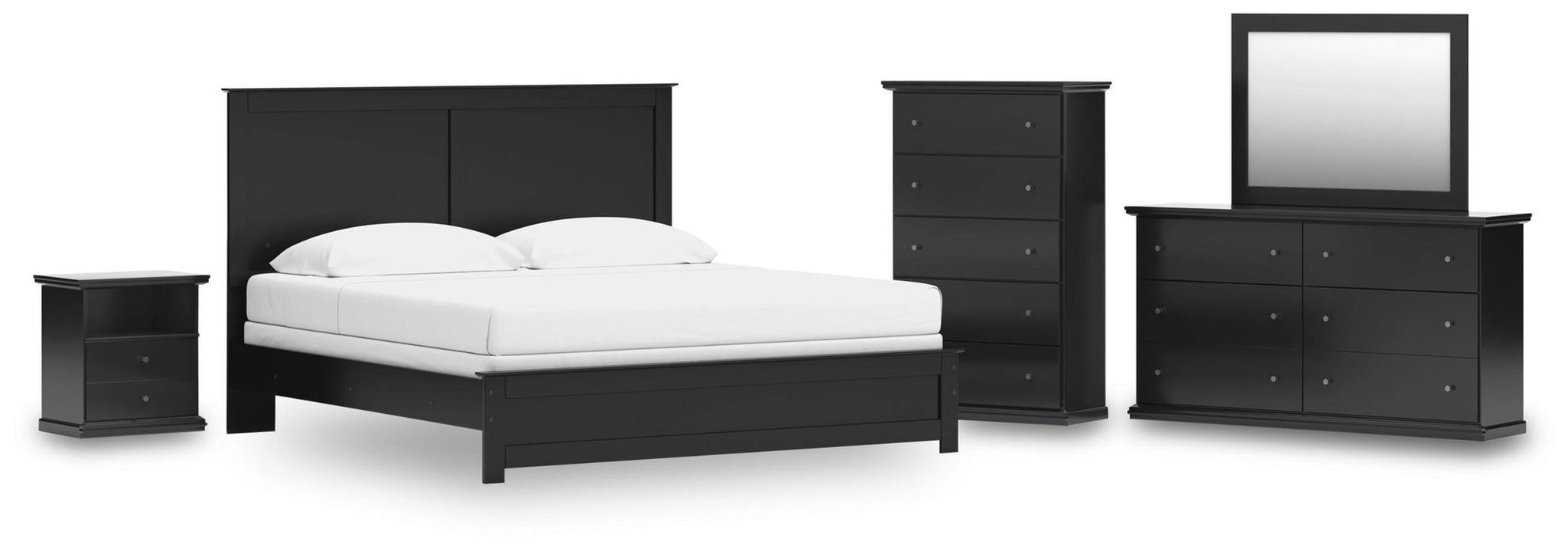 Maribel King Panel Bed, Dresser, Mirror, Chest and Nightstand