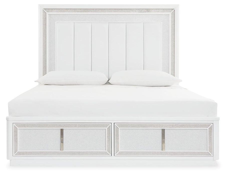 Chalanna King Upholstered Storage Bed, Dresser, Mirror, Chest and Nightstand
