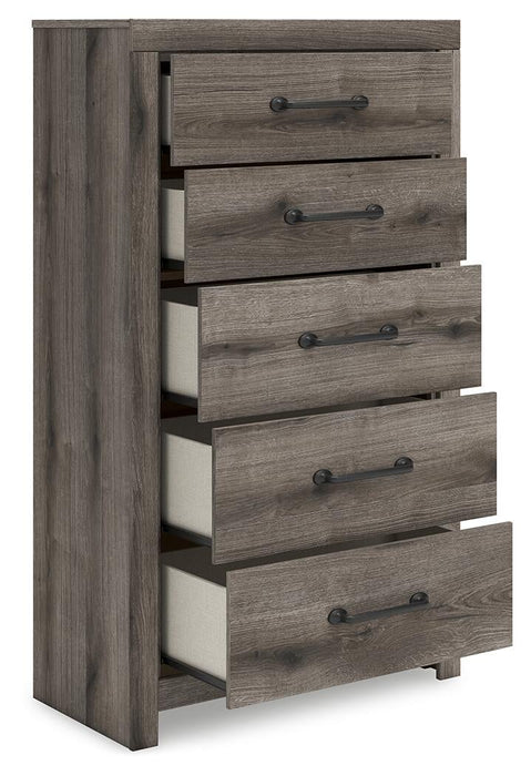 Graystorm King Panel Bed, Dresser, Mirror, Chest and Nightstand