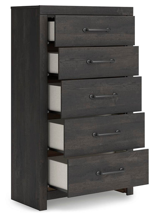 Hollivern Twin Panel Bed with Storage, Dresser, Mirror, Chest and Nightstand