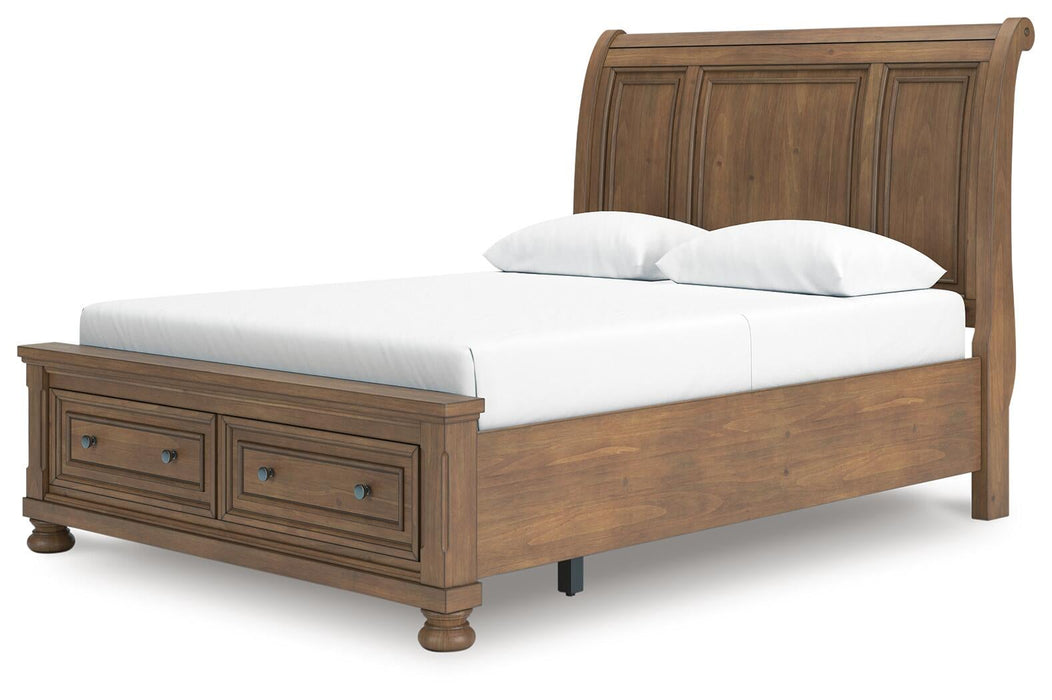 Feddinger Queen Storage Sleigh Bed with Mirrored Dresser, Chest and Nightstand