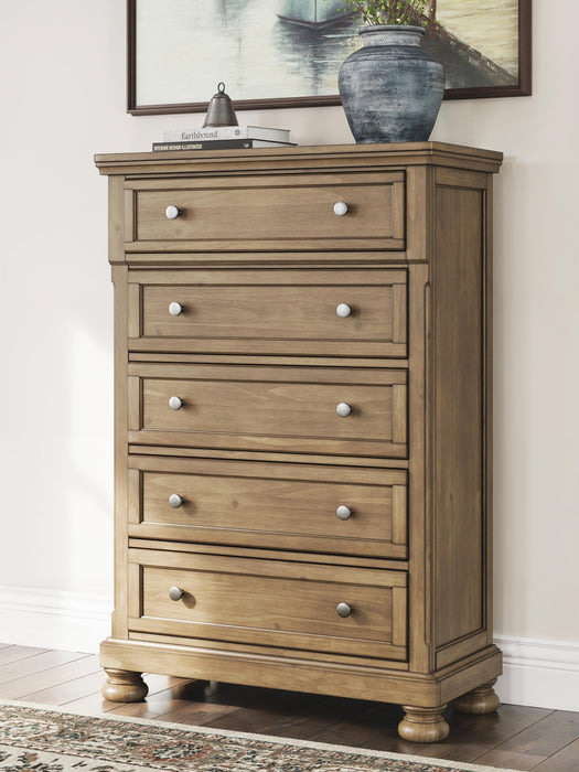 Feddinger Queen Storage Sleigh Bed with Mirrored Dresser, Chest and Nightstand