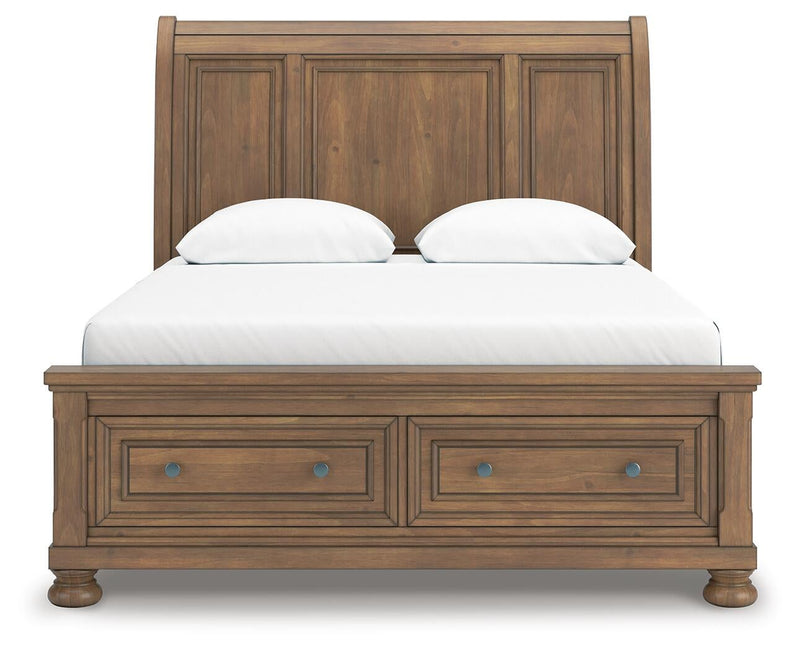 Feddinger Queen Storage Sleigh Bed with Mirrored Dresser and Nightstand