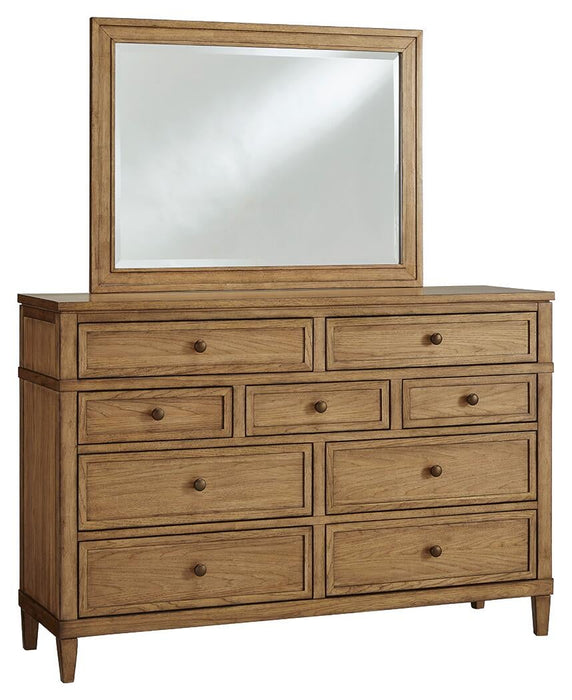 Sharlance King Upholstered Panel Bed, Dresser and Mirror
