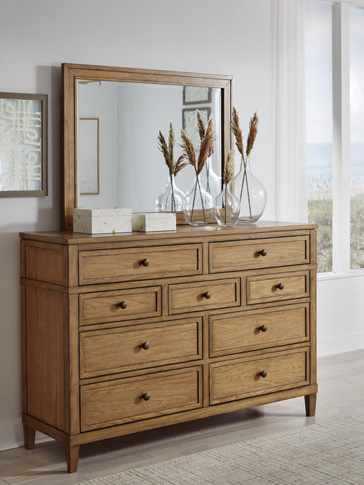 Sharlance King Upholstered Panel Bed, Dresser and Mirror