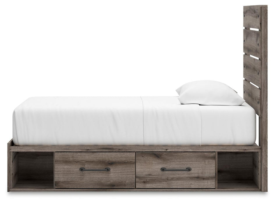 Graystorm Twin Panel Bed with Storage, Dresser and Mirror