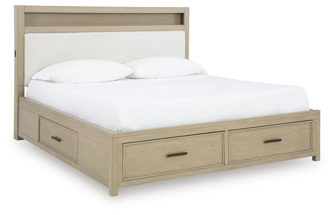 Calmoro California King Bookcase Bed with Mirrored Dresser and Nightstand