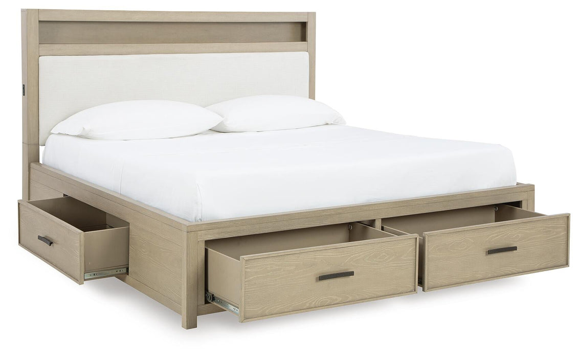 Calmoro California King Bookcase Bed with Mirrored Dresser and Nightstand
