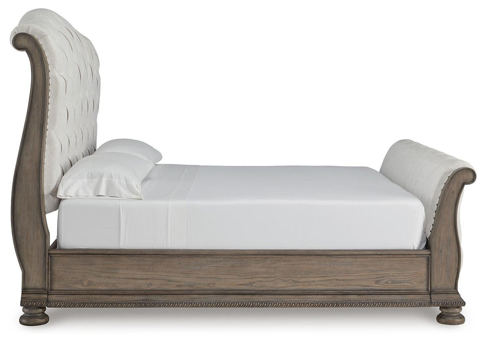 Ardenfield California King Upholstered Sleigh Bed, Dresser and Mirror
